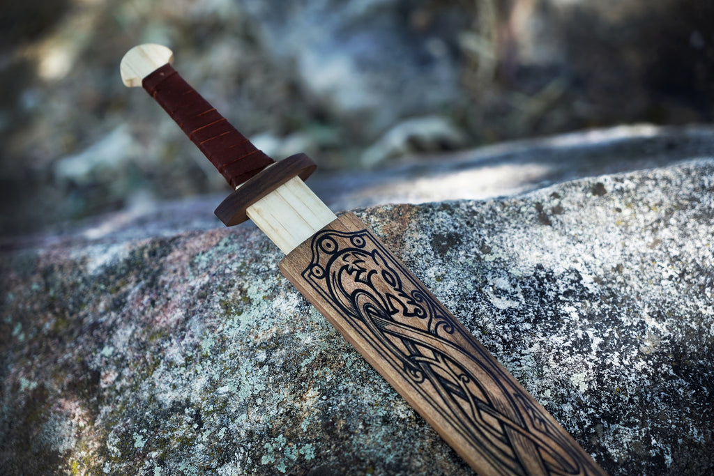 Children's Size Wooden Viking Sword with Norse Motif, Wooden Sheath and Leather Wrapped Handle