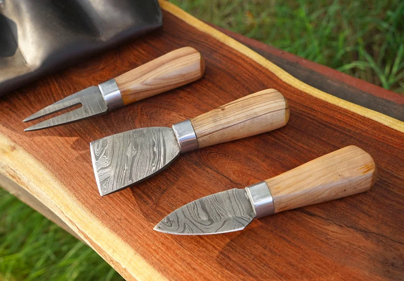 Damascus Cheese Knife Set - Olive Wood Handle and Leather Storage Case