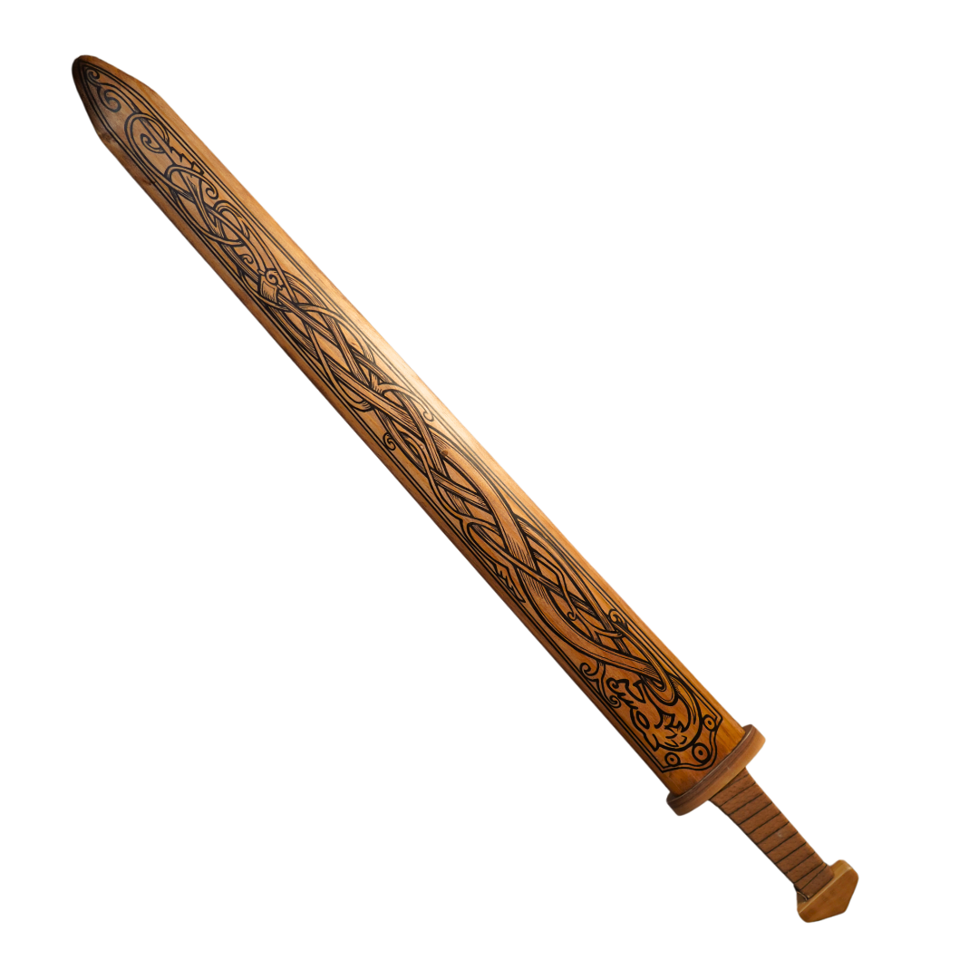Large Wood Replica Viking Sword ith Norse Motif, Wooden Sheath with Leather Wrapped Handle