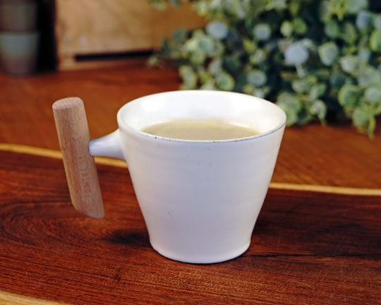 Tapered White Wide Opening Ceramic Mug With Wooden Handle