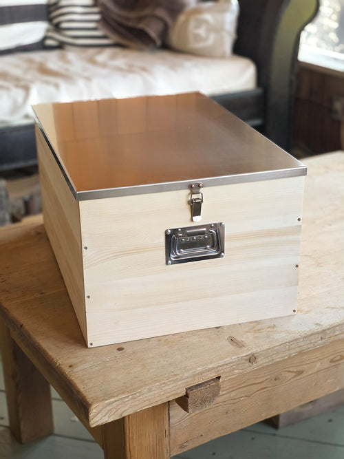 24” Heavy Duty Wood Storage Bankers Box with Latching Stainless Steel Lid