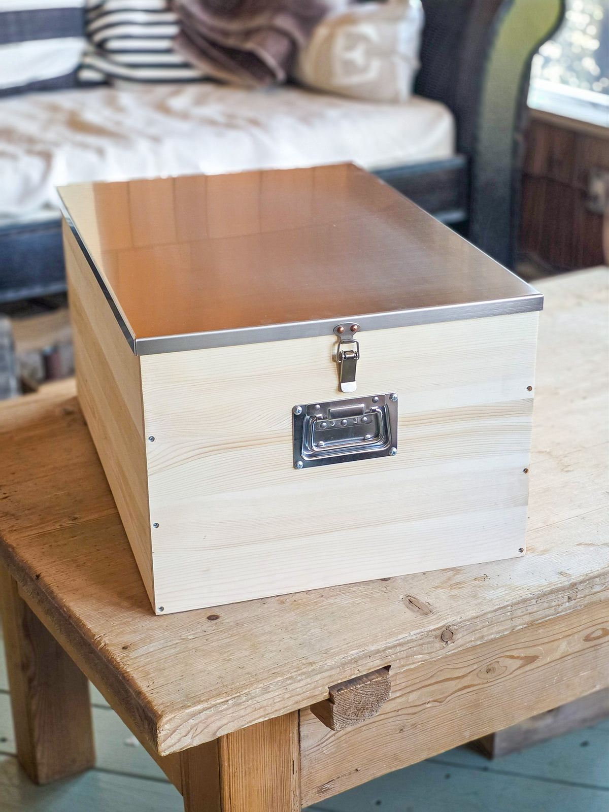 24” Heavy Duty Wood Storage Bankers Box with Latching Stainless Steel Lid