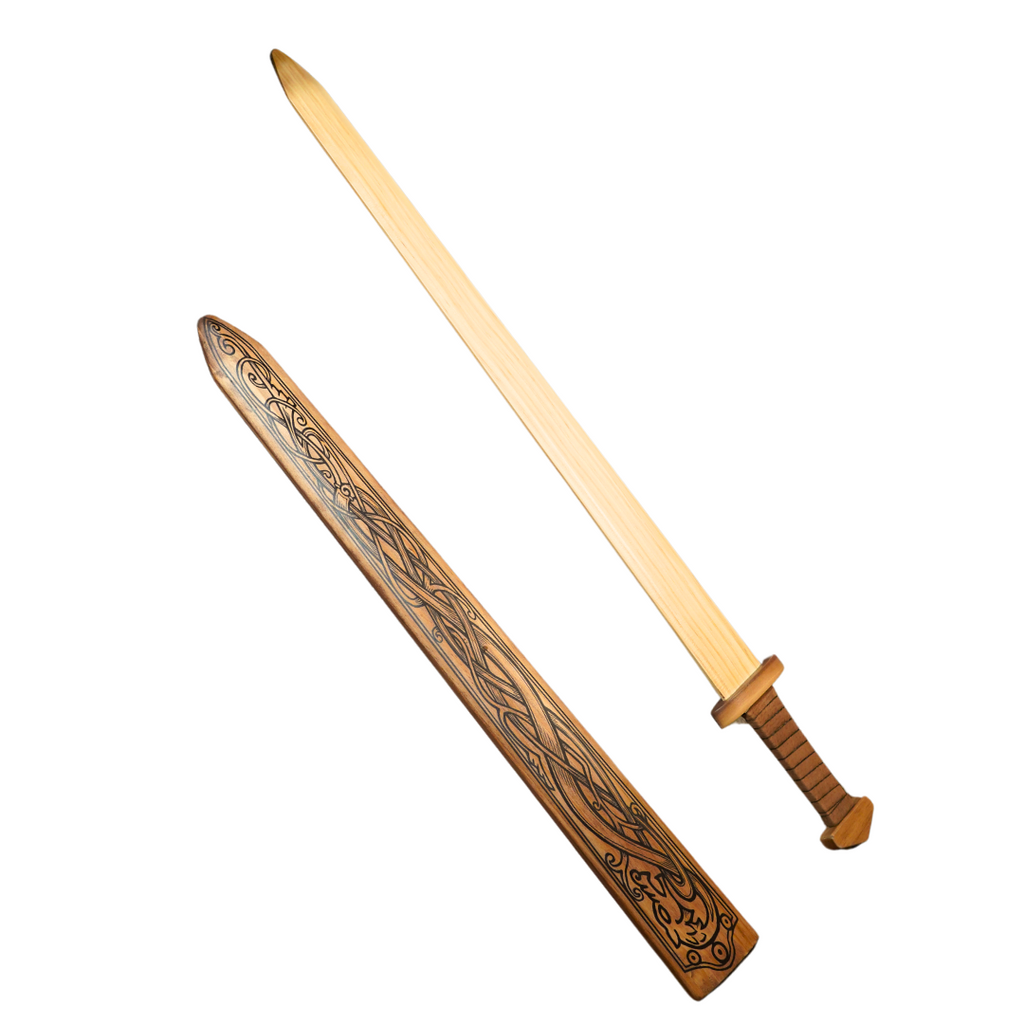 Large Wood Replica Viking Sword ith Norse Motif, Wooden Sheath with Leather Wrapped Handle