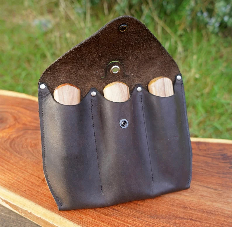 Damascus Cheese Knife Set - Olive Wood Handle and Leather Storage Case