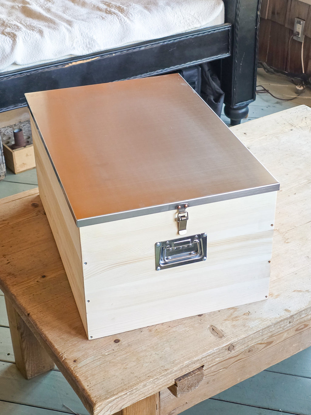 24” Heavy Duty Wood Storage Bankers Box with Latching Stainless Steel Lid