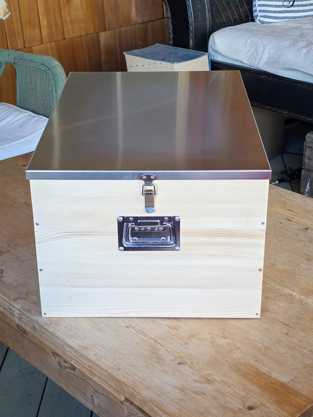 24” Heavy Duty Wood Storage Bankers Box with Latching Stainless Steel Lid