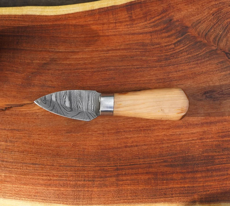 Damascus Cheese Knife Set - Olive Wood Handle and Leather Storage Case