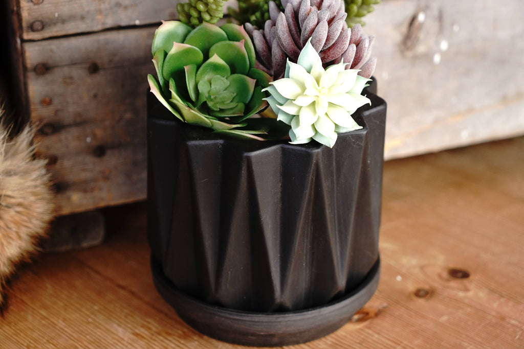 Black Geometric Abstract Planter With Drain and Holder