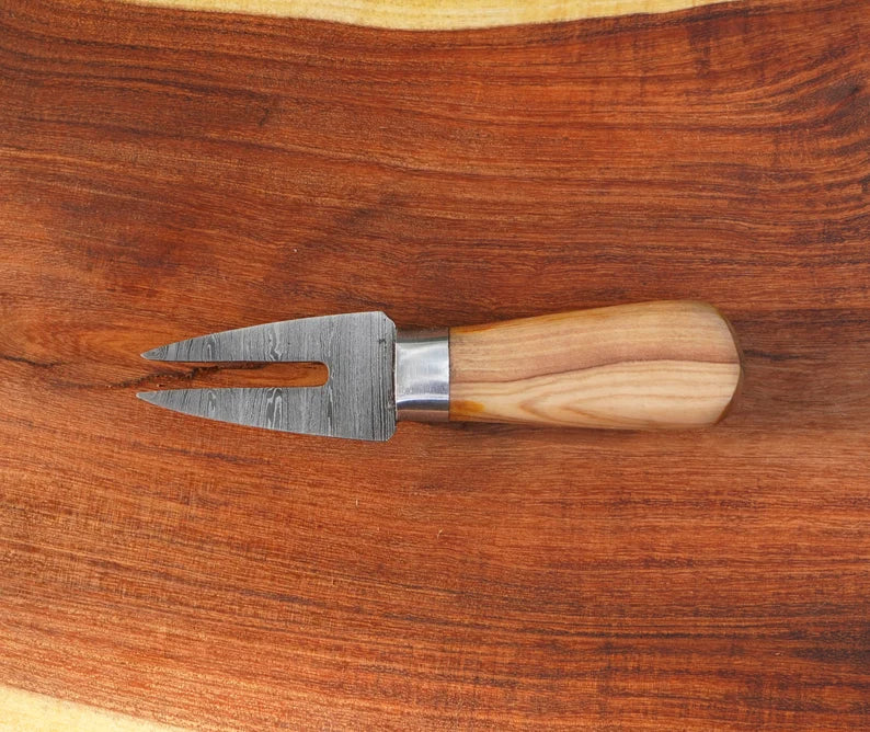 Damascus Cheese Knife Set - Olive Wood Handle and Leather Storage Case