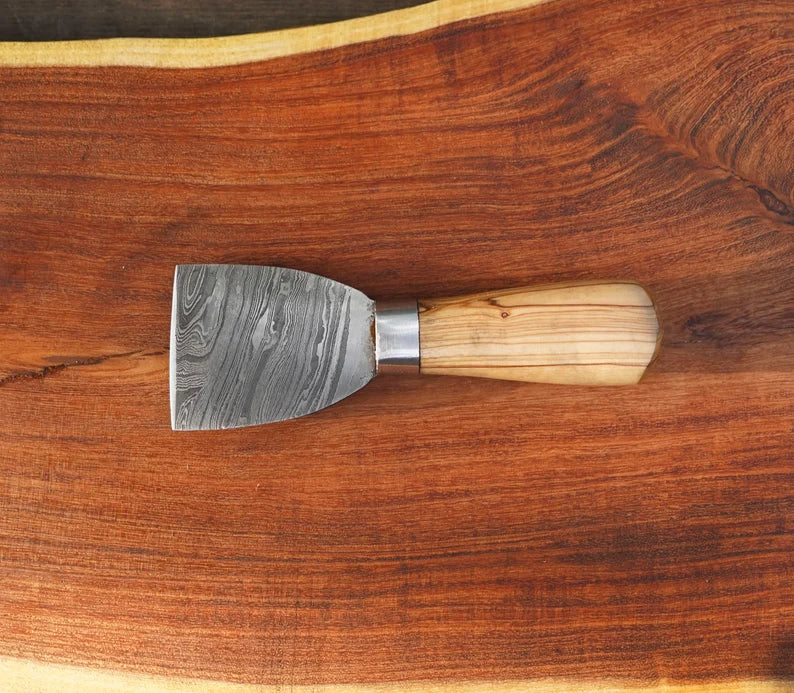 Damascus Cheese Knife Set - Olive Wood Handle and Leather Storage Case