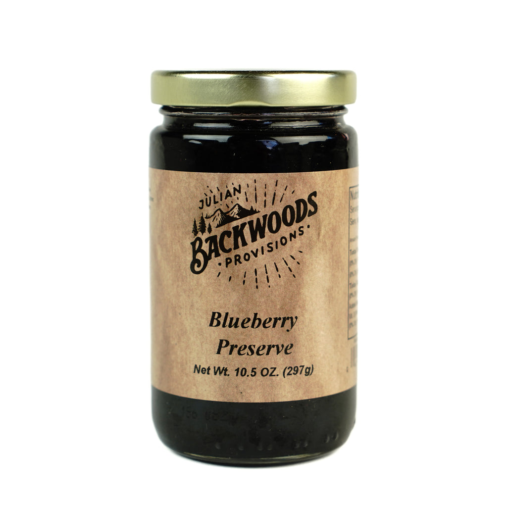 Blueberry preserve - the front label on a 10.5oz jar of jam.