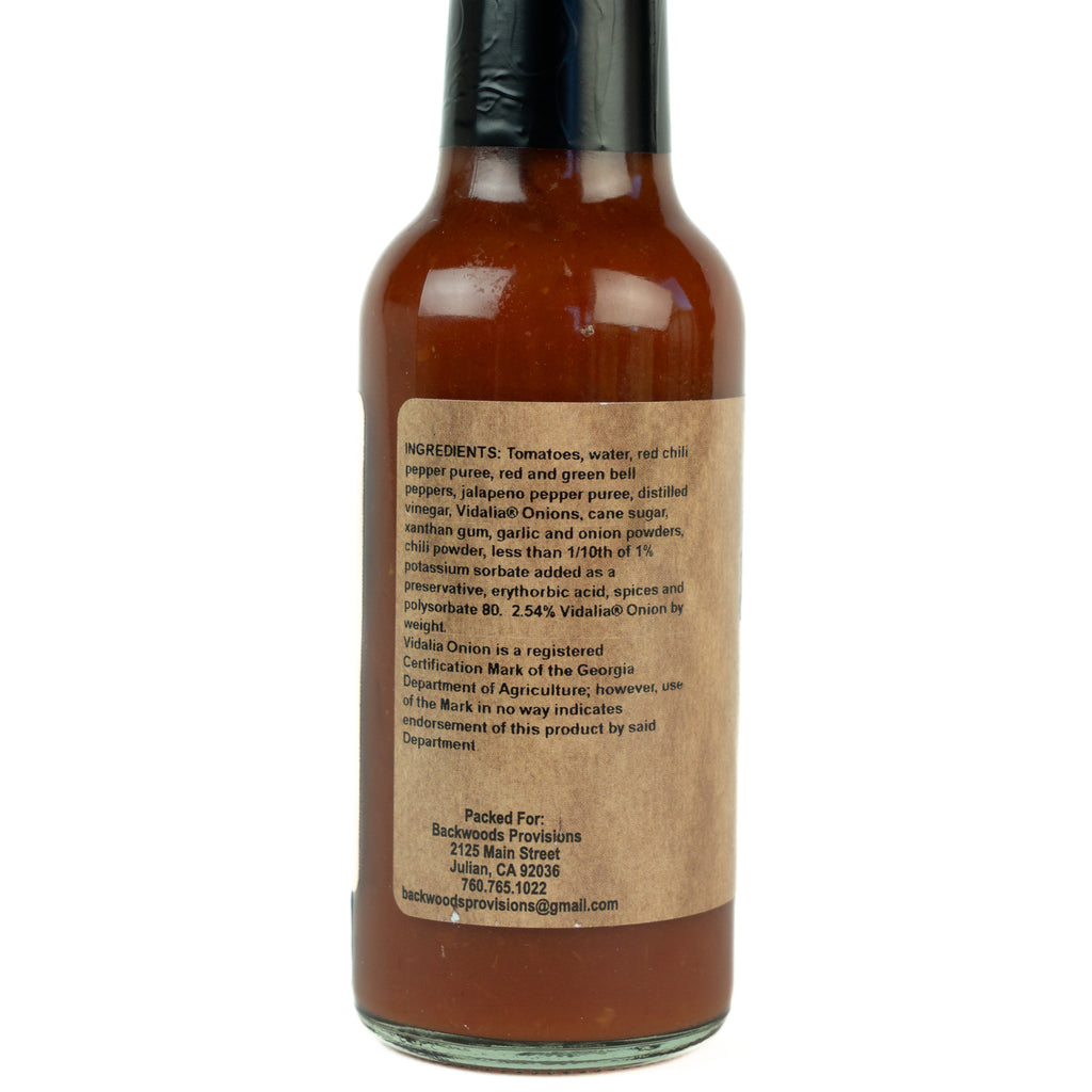 Vidalia onion picante hot sauce - a picture showing the back label featuring ingredients.