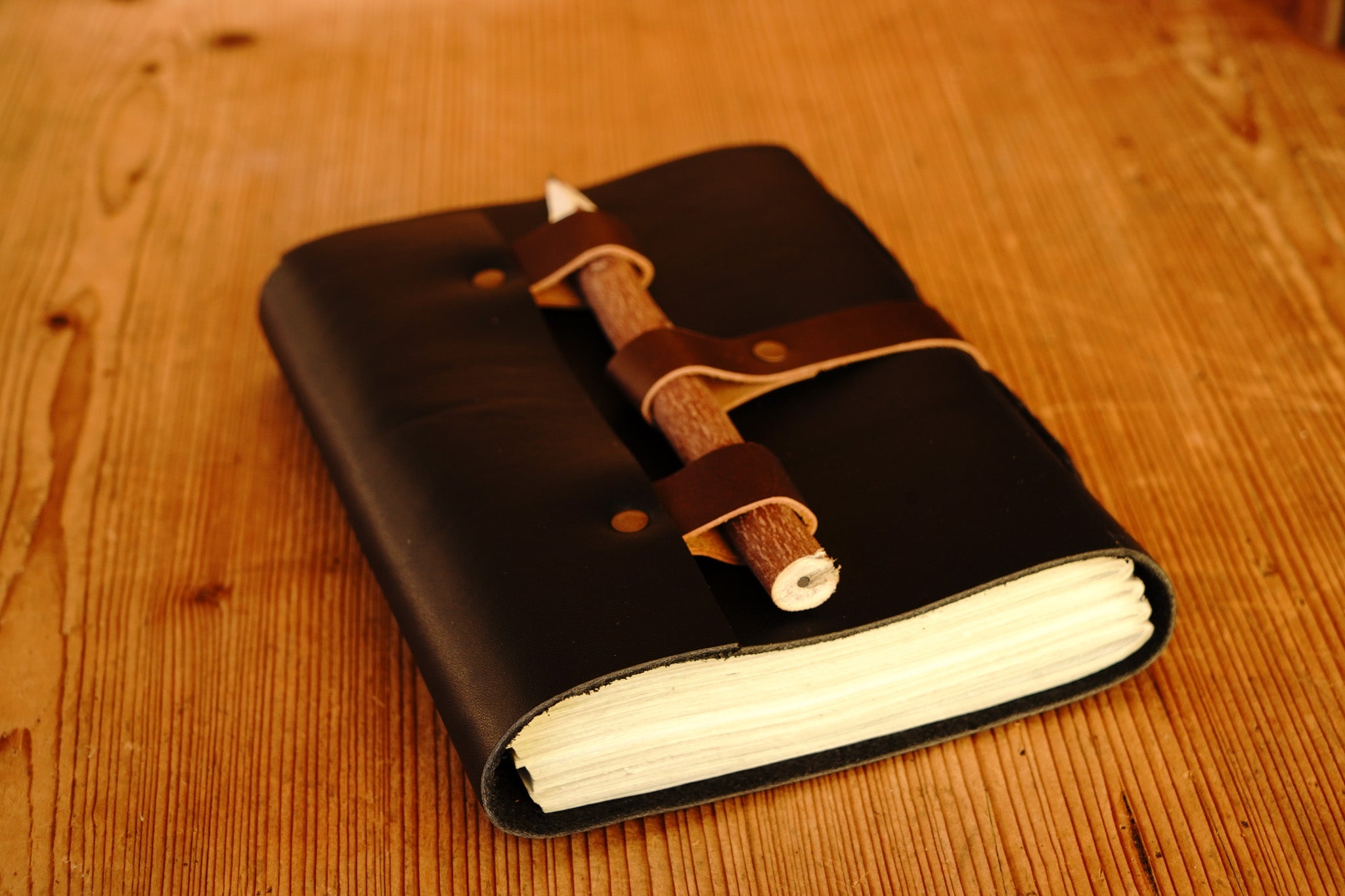 Black Leather 100-Page Journal with Wooden Pencil