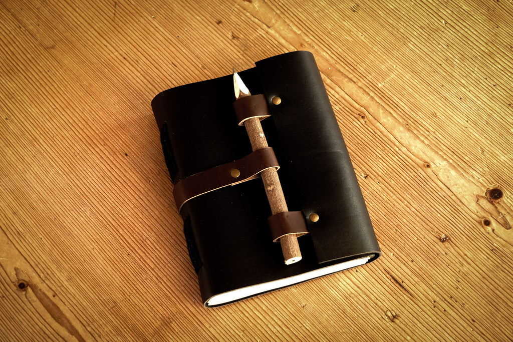 Black Leather 100-Page Journal with Wooden Pencil