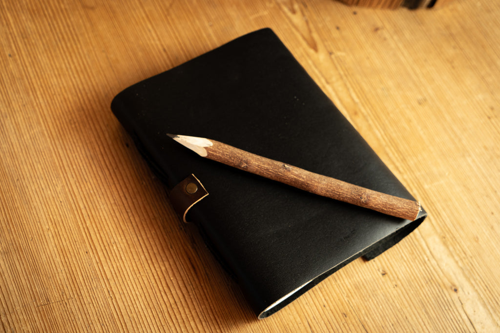 Black Leather 100-Page Journal with Wooden Pencil