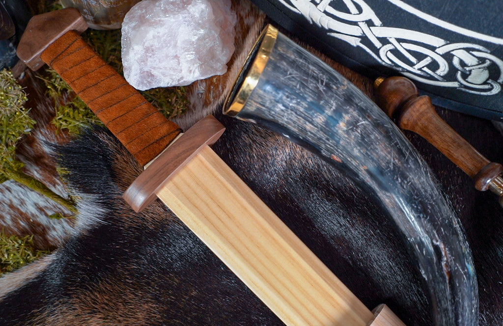 Large Wood Replica Viking Sword ith Norse Motif, Wooden Sheath with Leather Wrapped Handle