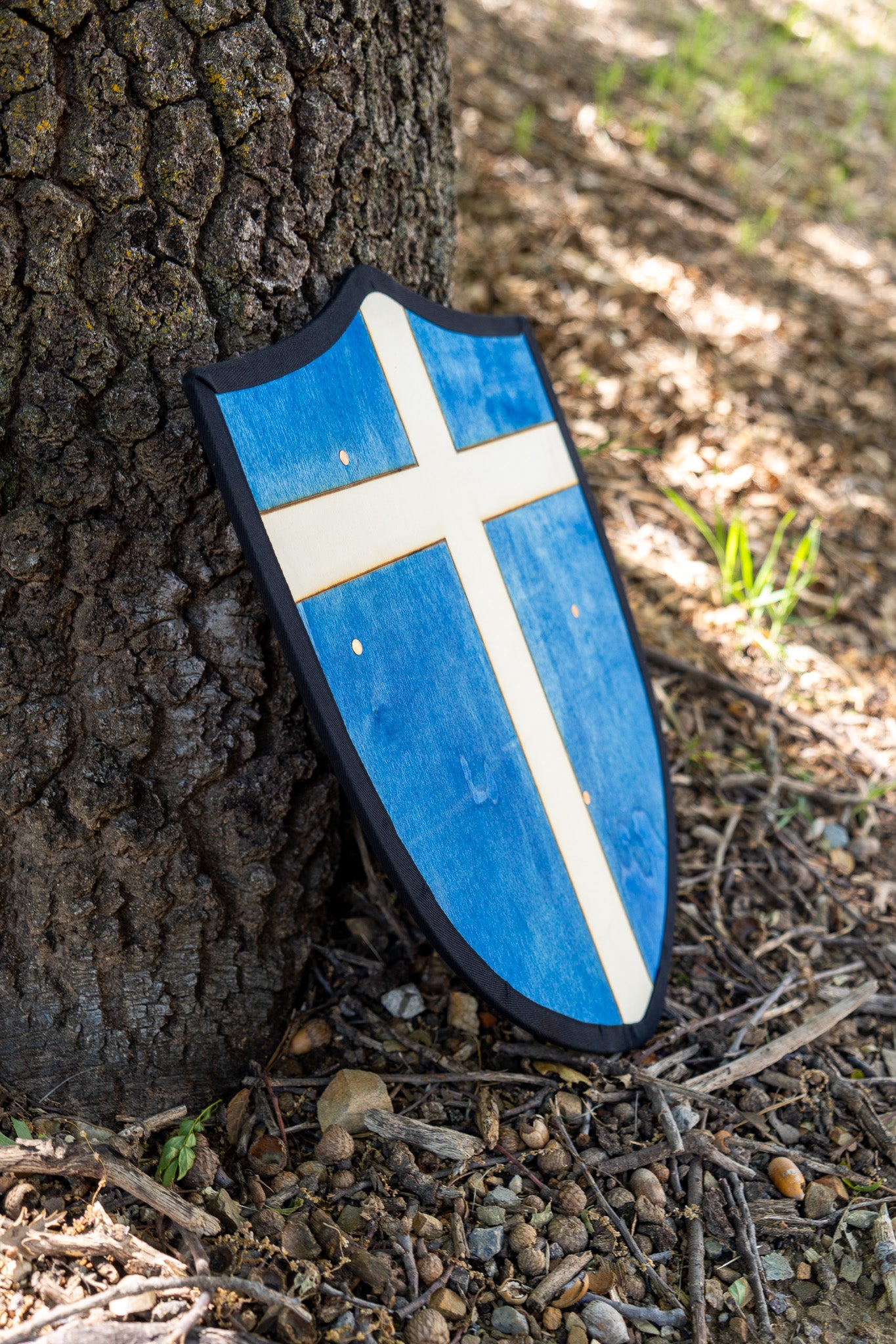 Handmade 18" Blue and White Cross Heater Shield For Costume, Play or Wall Decor