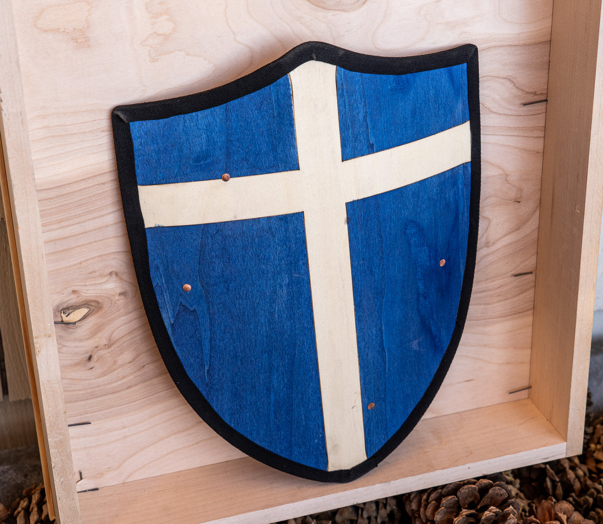 Handmade 18" Blue and White Cross Heater Shield For Costume, Play or Wall Art