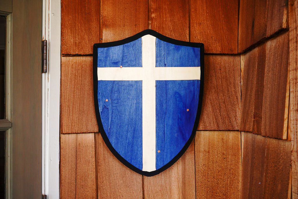 Handmade 18" Blue and White Cross Heater Shield For Costume, Play or Wall Art