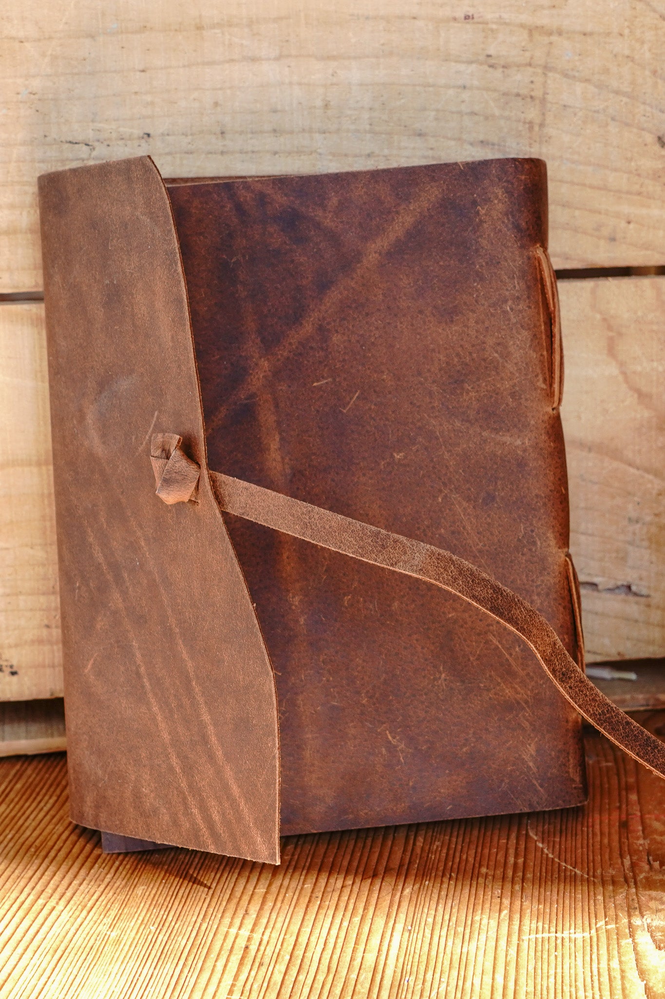 Genuine Leather Journal with Antiqued Handmade Pages, Leather Strip Closure, and Wooden Pencil