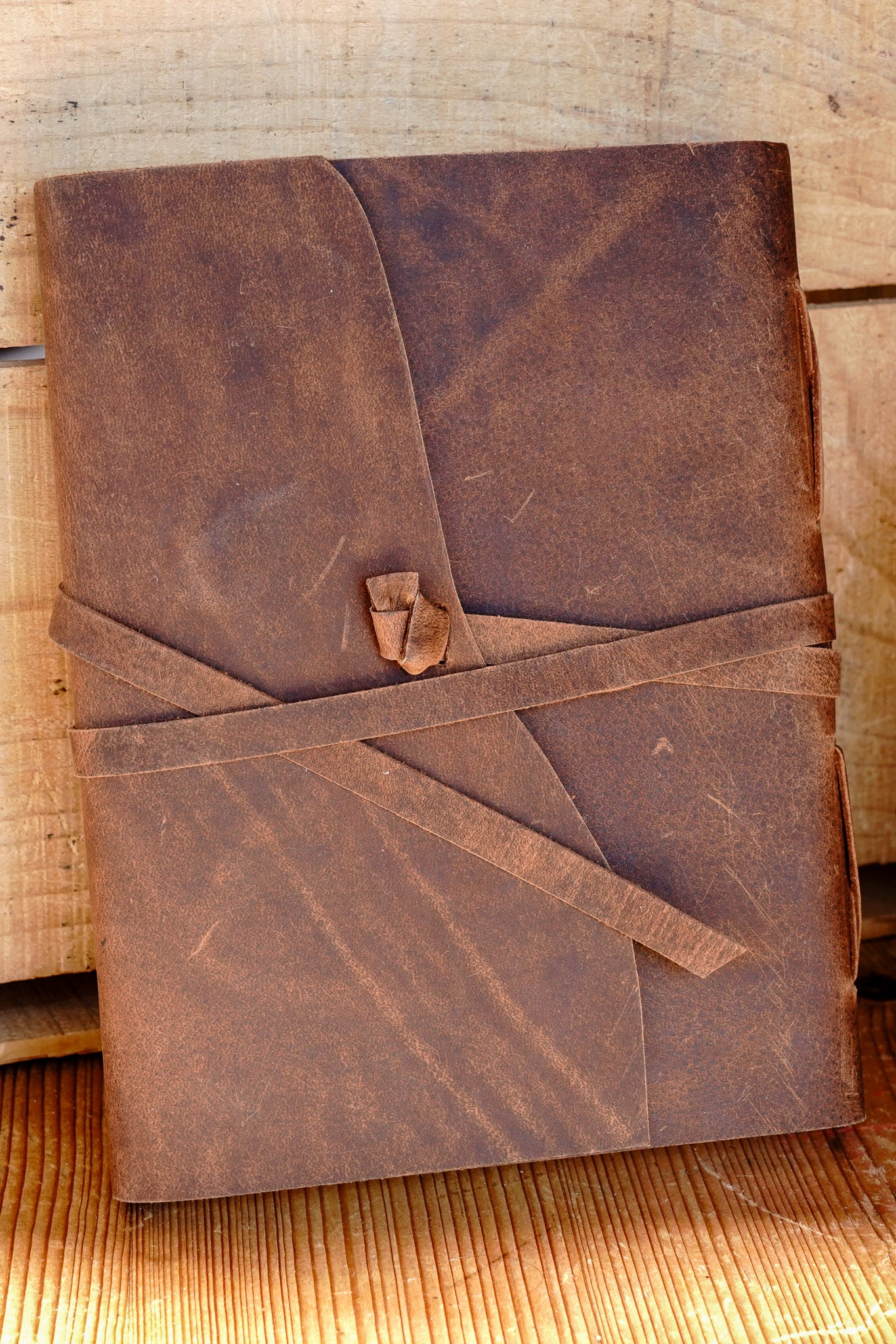 Genuine Leather Journal with Antiqued Handmade Pages, Leather Strip Closure, and Wooden Pencil