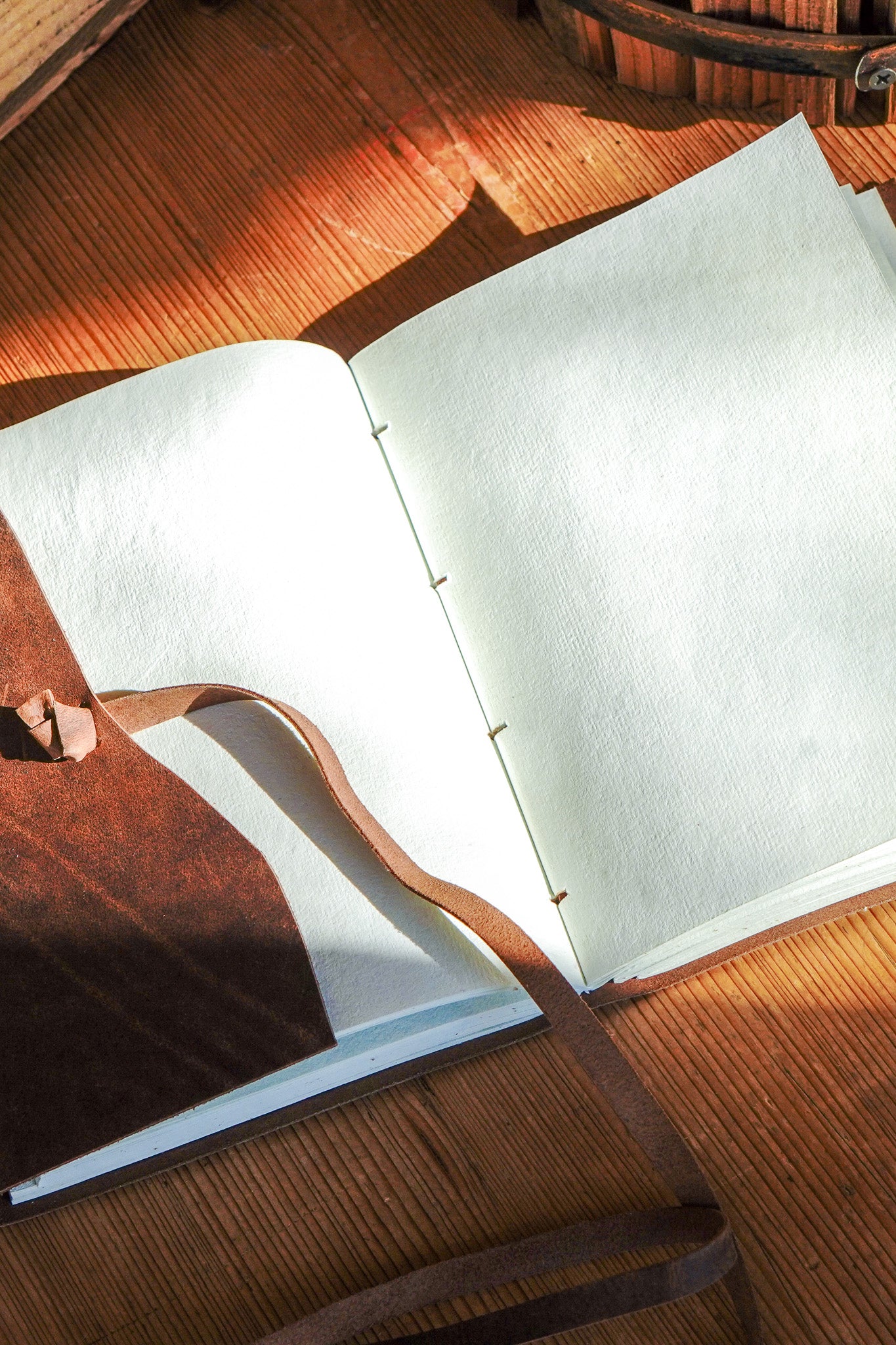 Genuine Leather Journal with Antiqued Handmade Pages, Leather Strip Closure, and Wooden Pencil