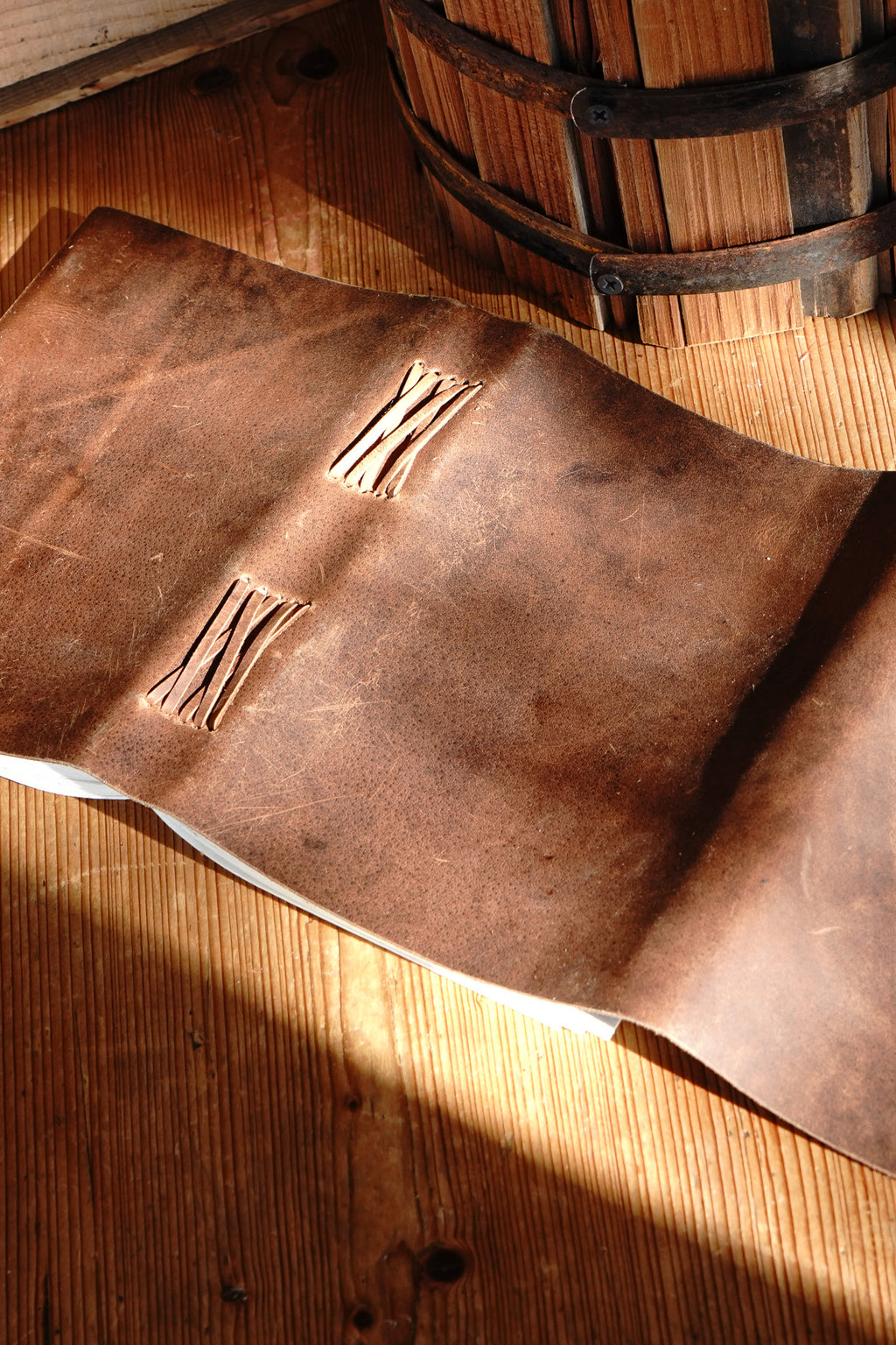 Genuine Leather Journal with Antiqued Handmade Pages, Leather Strip Closure, and Wooden Pencil