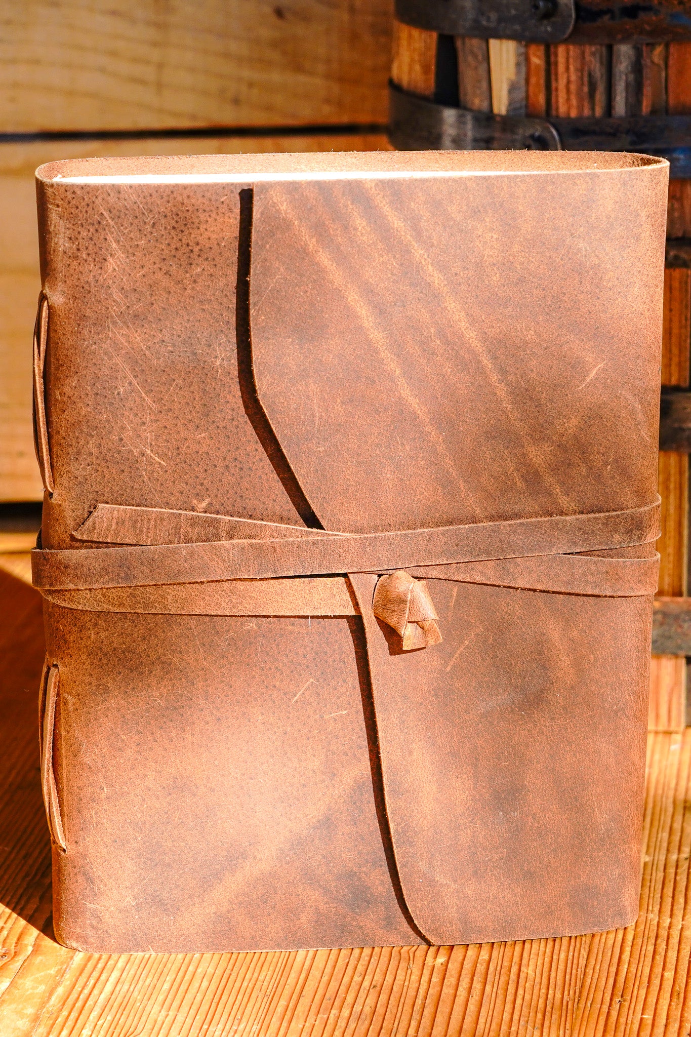 Genuine Leather Journal with Antiqued Handmade Pages, Leather Strip Closure, and Wooden Pencil