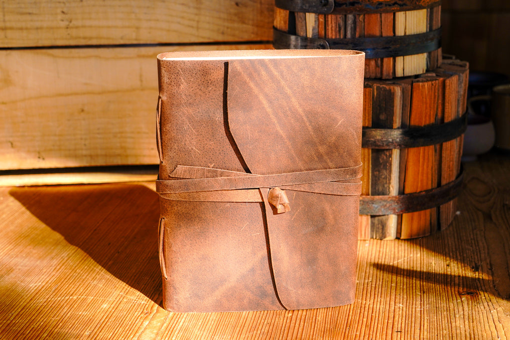 Genuine Leather Journal with Antiqued Handmade Pages, Leather Strip Closure, and Wooden Pencil