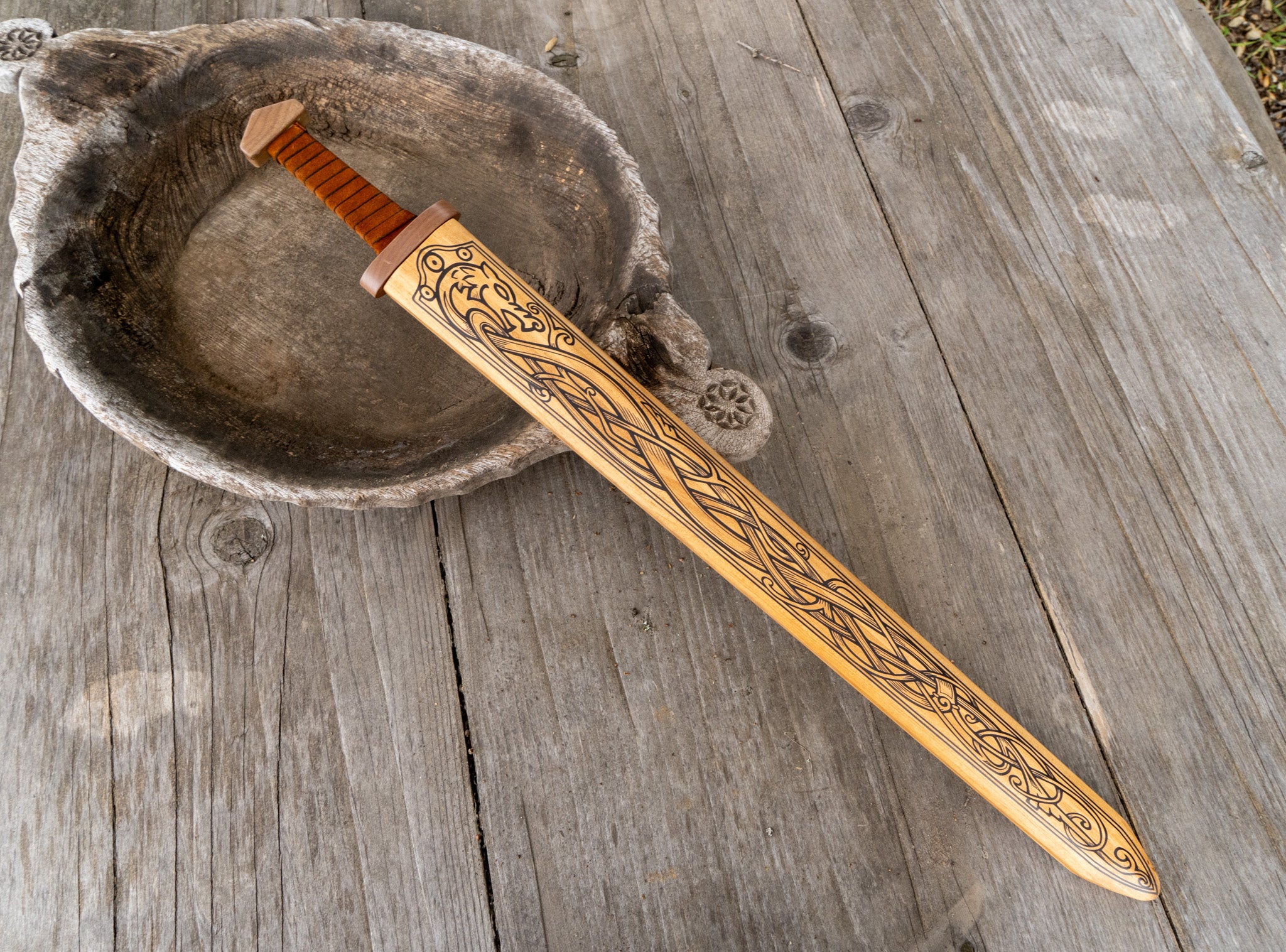 Large Wood Replica Viking Sword ith Norse Motif, Wooden Sheath with Leather Wrapped Handle