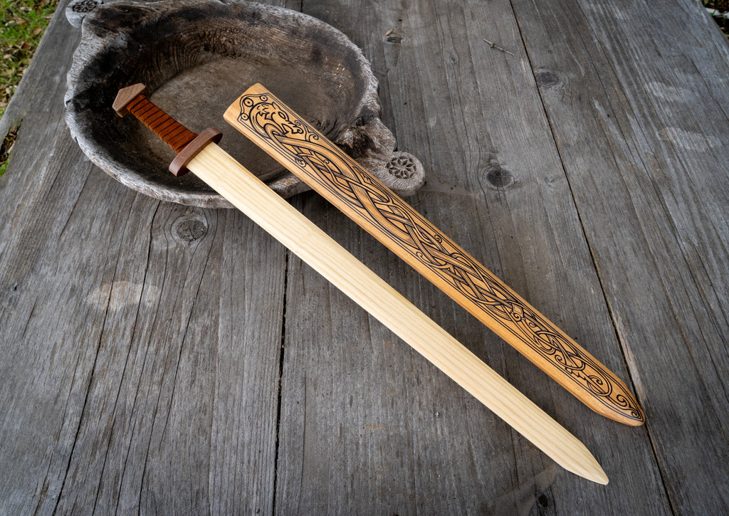 Large Wood Replica Viking Sword ith Norse Motif, Wooden Sheath with Leather Wrapped Handle