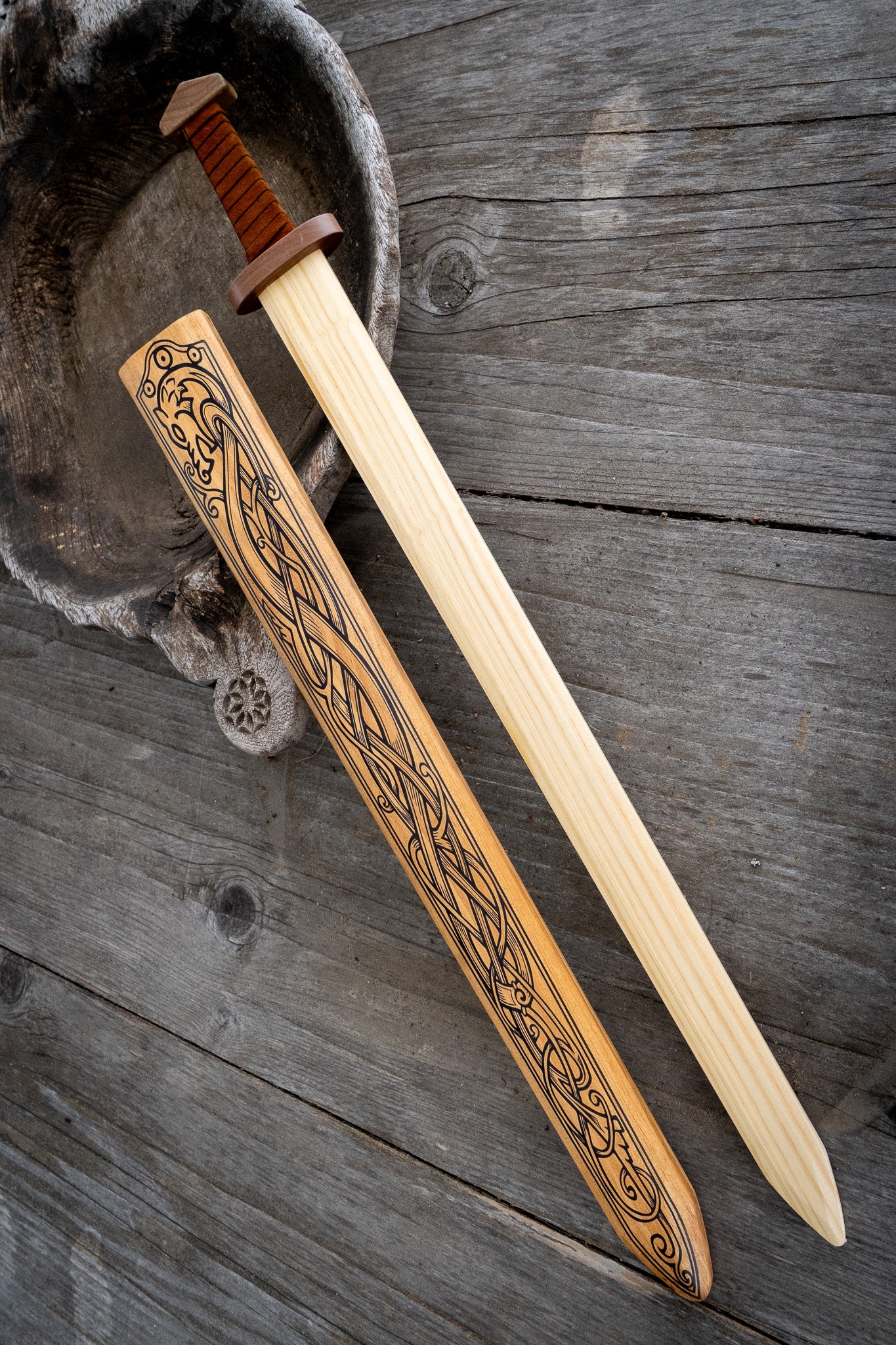 Large Wood Replica Viking Sword ith Norse Motif, Wooden Sheath with Leather Wrapped Handle