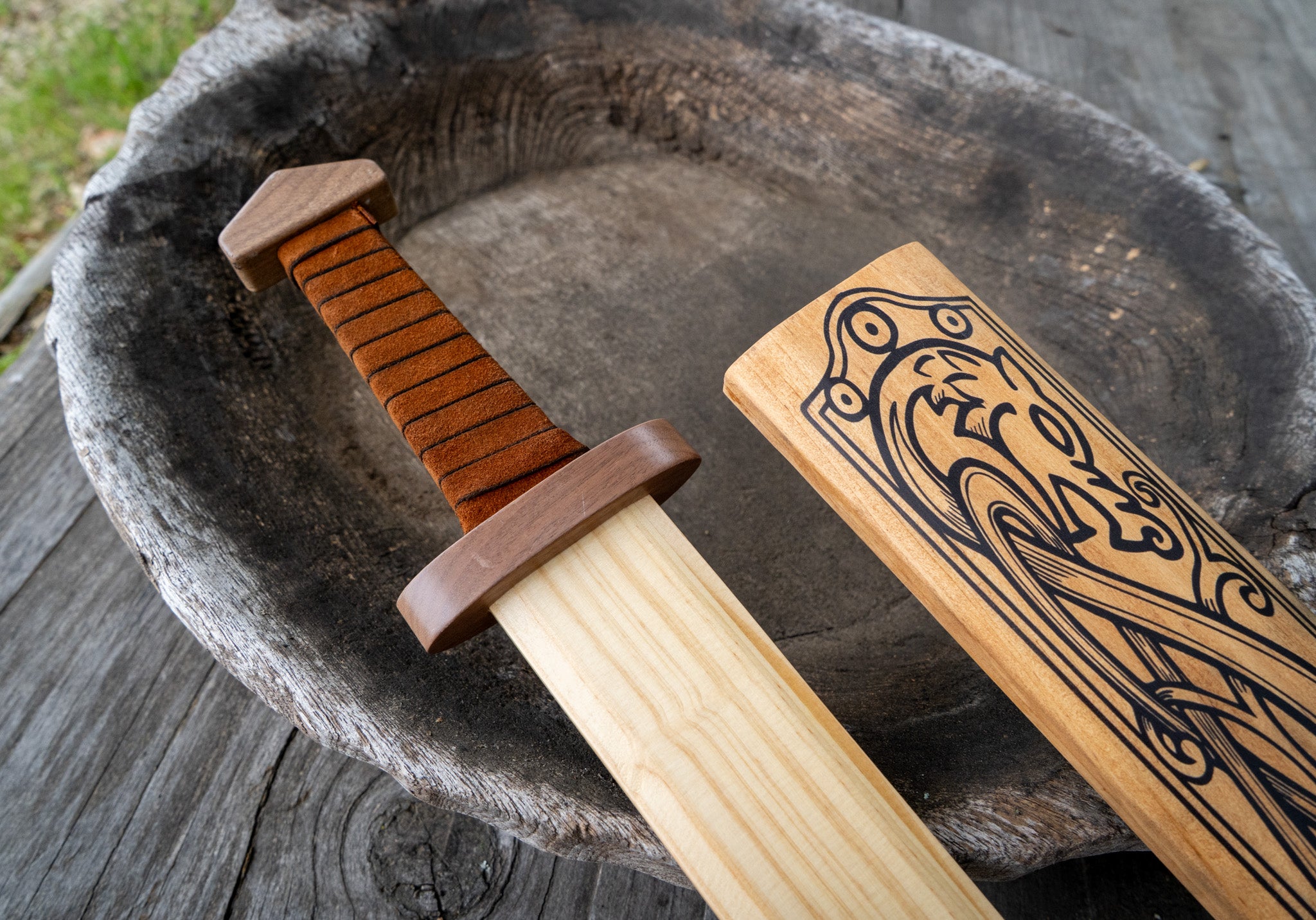 Large Wood Replica Viking Sword ith Norse Motif, Wooden Sheath with Leather Wrapped Handle