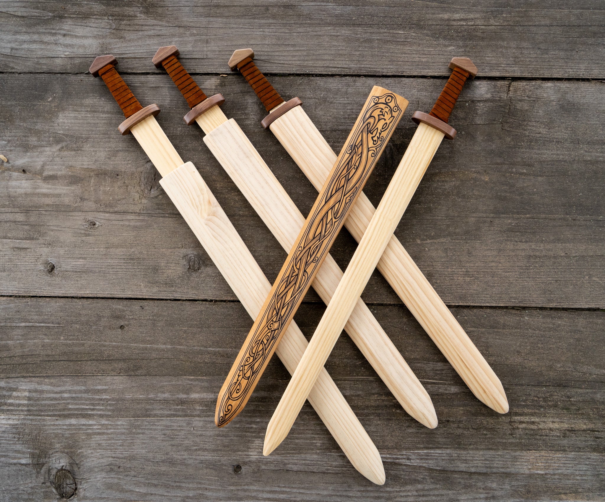 Large Wood Replica Viking Sword ith Norse Motif, Wooden Sheath with Leather Wrapped Handle