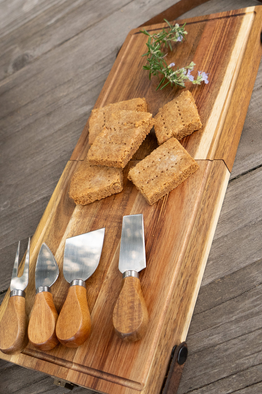 Foldable Cutting / Serving / Picnic Board with Magnetic Internal Utensil Storage and Leather Handles