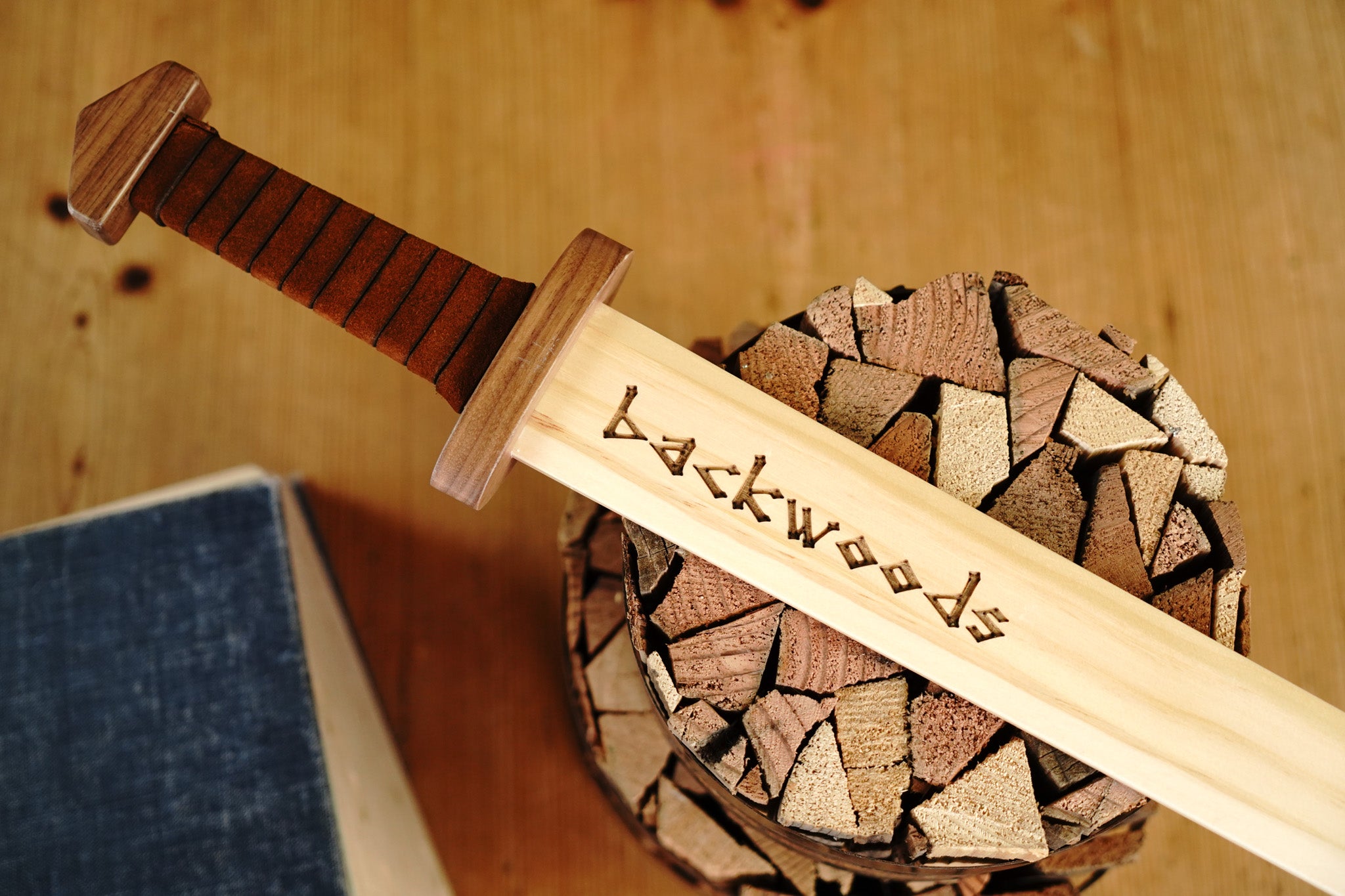 Large Wood Replica Viking Sword ith Norse Motif, Wooden Sheath with Leather Wrapped Handle