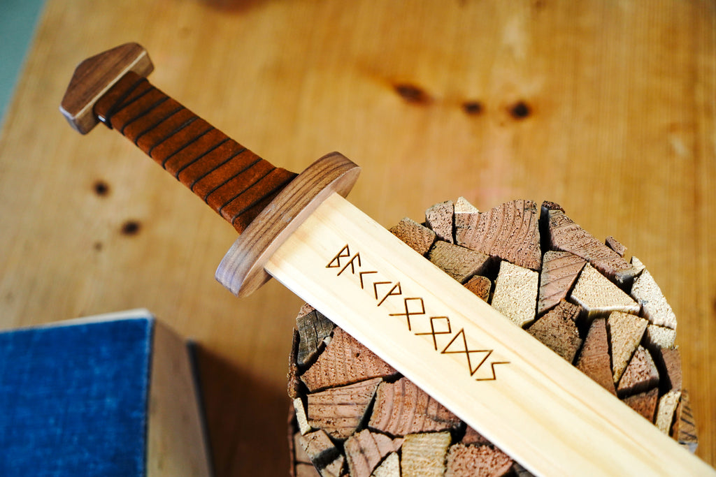 Large Wood Replica Viking Sword ith Norse Motif, Wooden Sheath with Leather Wrapped Handle