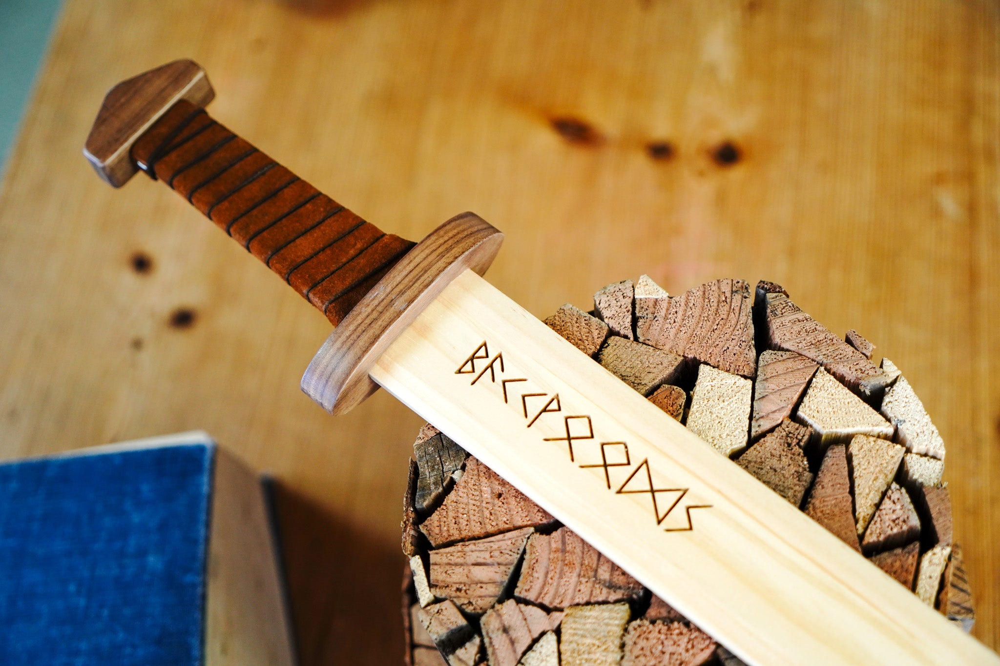 Large Wood Replica Viking Sword ith Norse Motif, Wooden Sheath with Leather Wrapped Handle