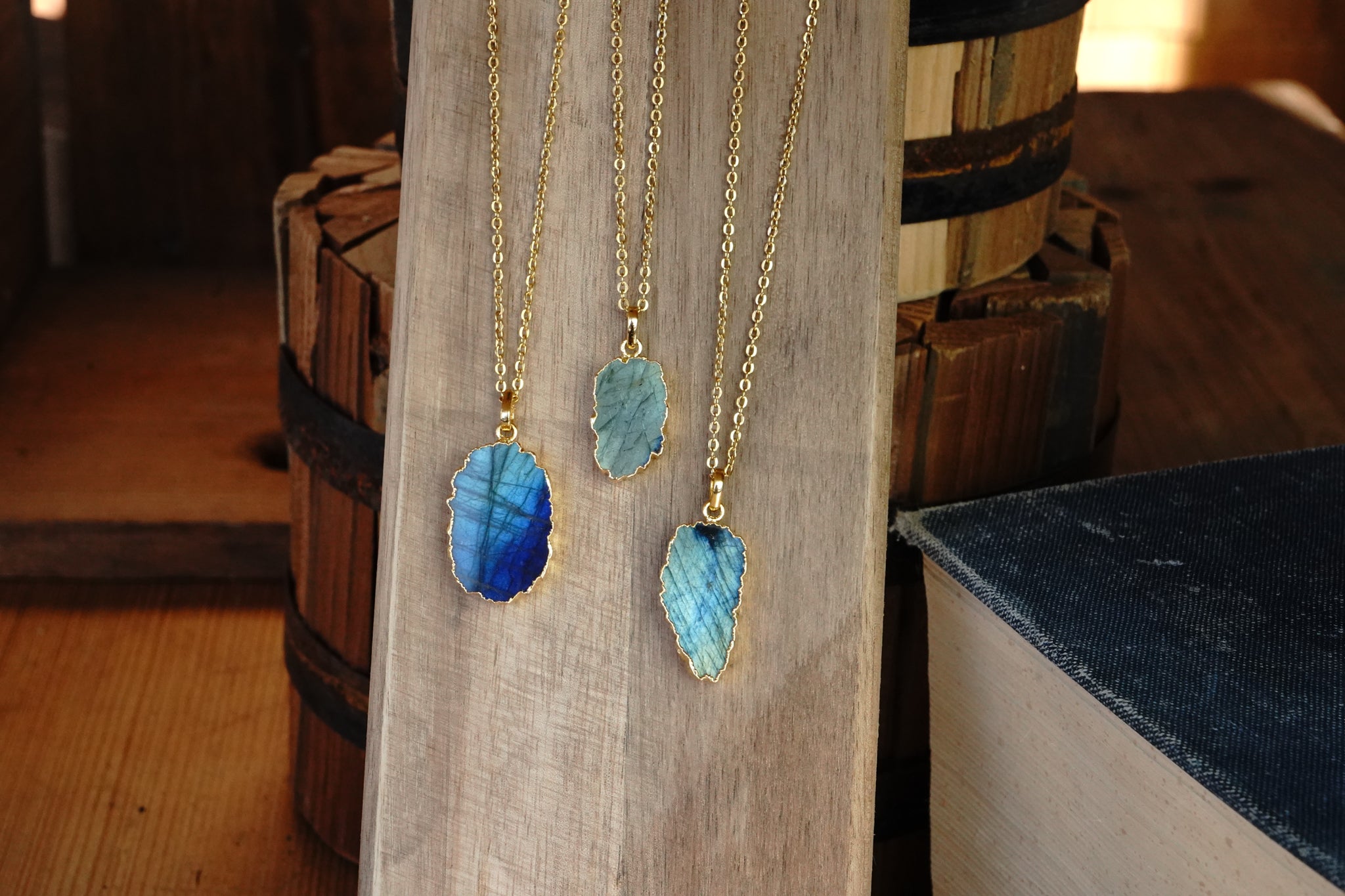 Abstract Labradorite Flat Pendant Gold Dipped With 22" Gold Chain - Assorted Shapes and Sizes