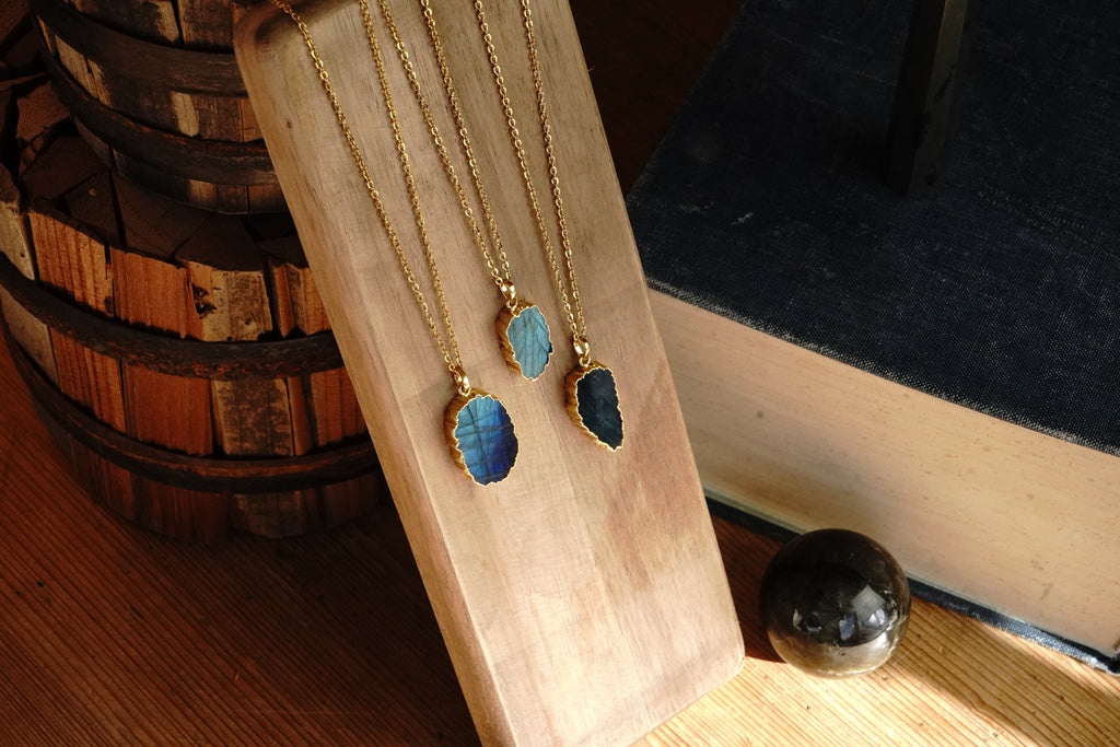 Abstract Labradorite Flat Pendant Gold Dipped With 22" Gold Chain - Assorted Shapes and Sizes