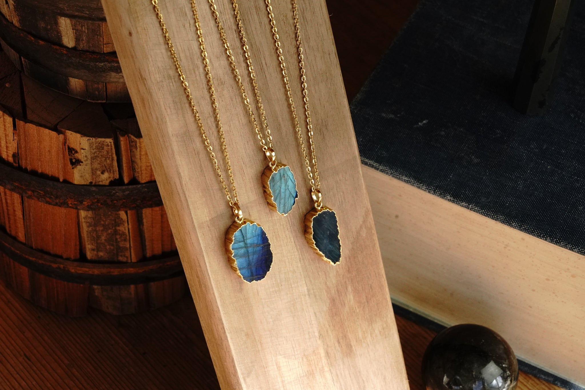 Abstract Labradorite Flat Pendant Gold Dipped With 22" Gold Chain - Assorted Shapes and Sizes