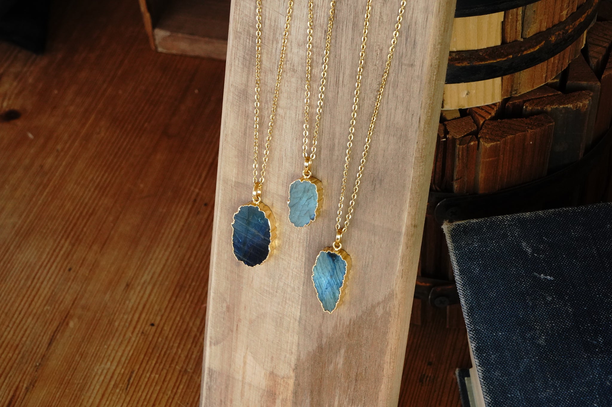 Abstract Labradorite Flat Pendant Gold Dipped With 22" Gold Chain - Assorted Shapes and Sizes