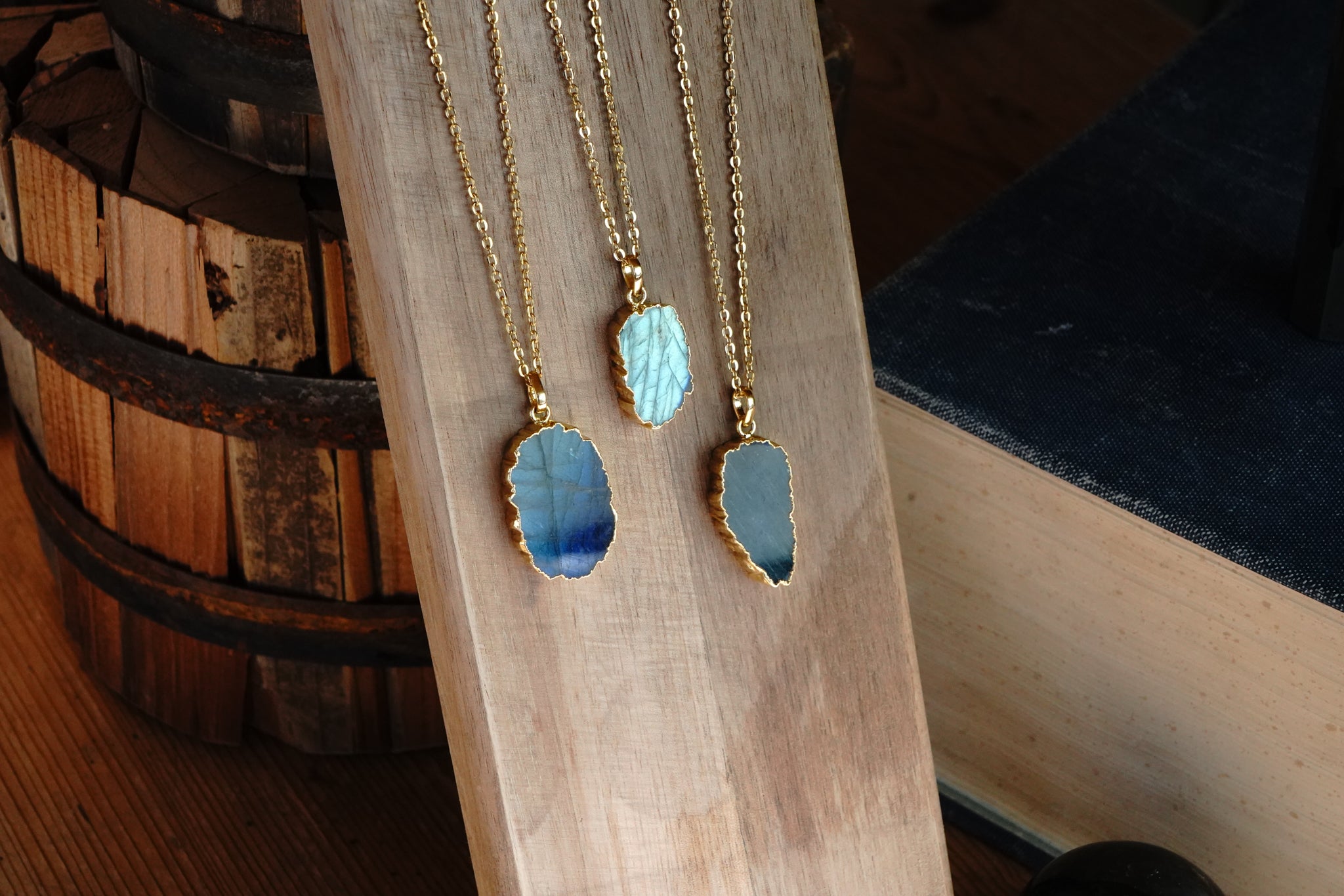 Abstract Labradorite Flat Pendant Gold Dipped With 22" Gold Chain - Assorted Shapes and Sizes