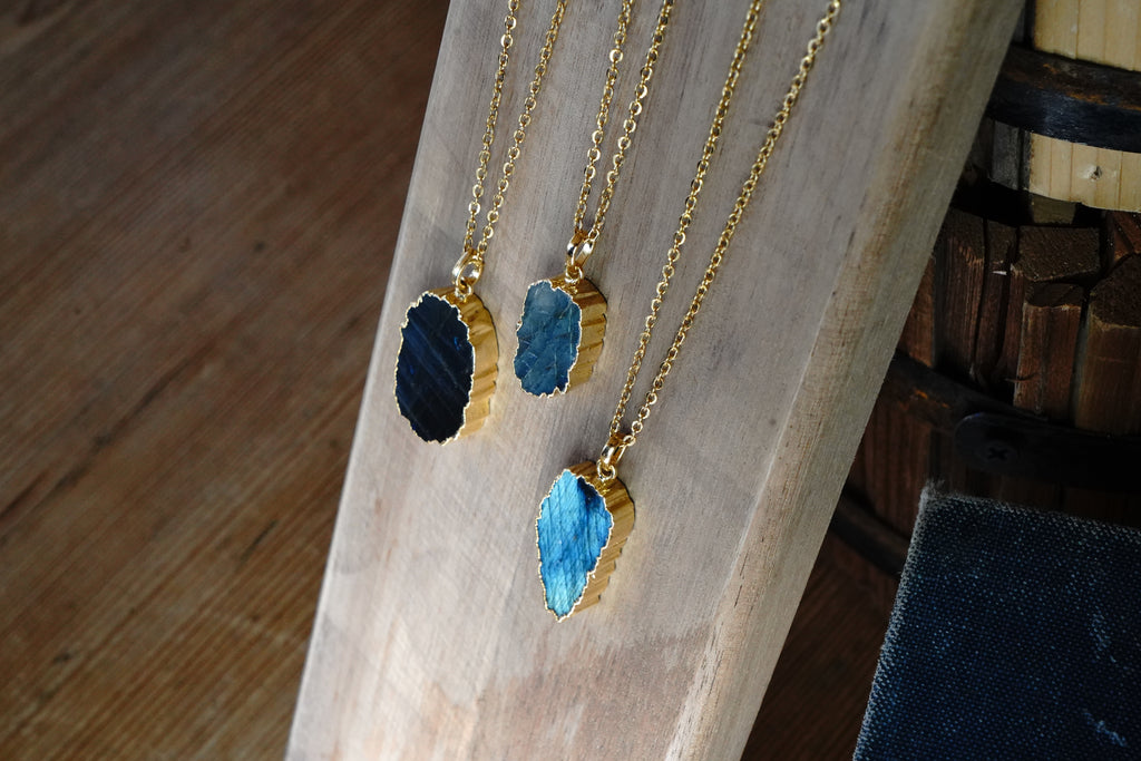 Abstract Labradorite Flat Pendant Gold Dipped With 22" Gold Chain - Assorted Shapes and Sizes