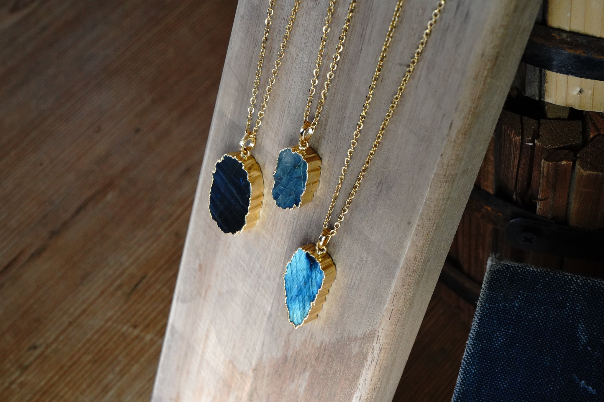 Abstract Labradorite Flat Pendant Gold Dipped With 22" Gold Chain - Assorted Shapes and Sizes