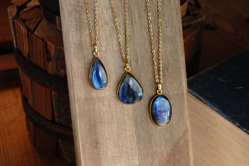 Polished Labradorite Pendant With Gold 22" Chain - Assorted Shapes and Sizes