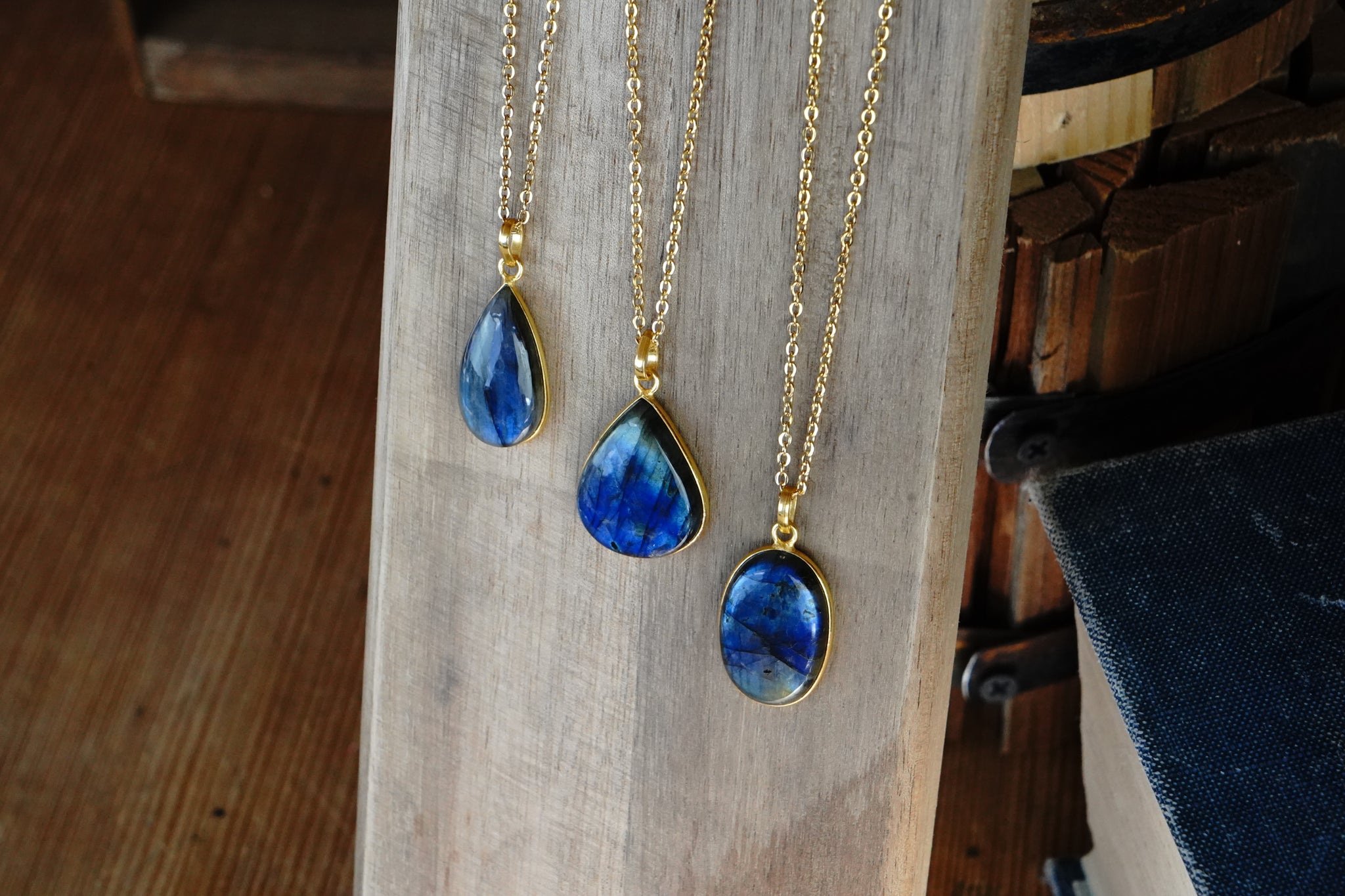 Polished Labradorite Pendant With Gold 22" Chain - Assorted Shapes and Sizes