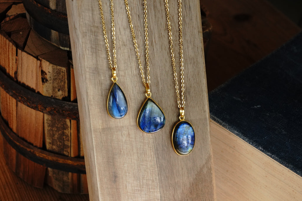 Polished Labradorite Pendant With Gold 22" Chain - Assorted Shapes and Sizes