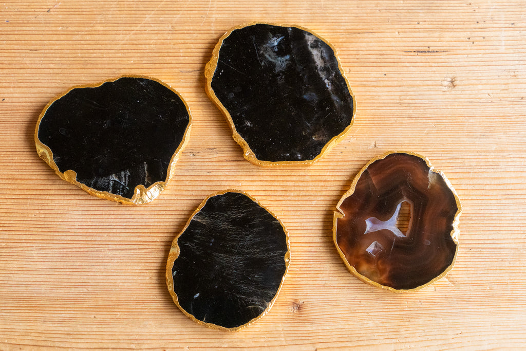 Sleek Black Agate Coasters Rimmed in Radiant Gold
