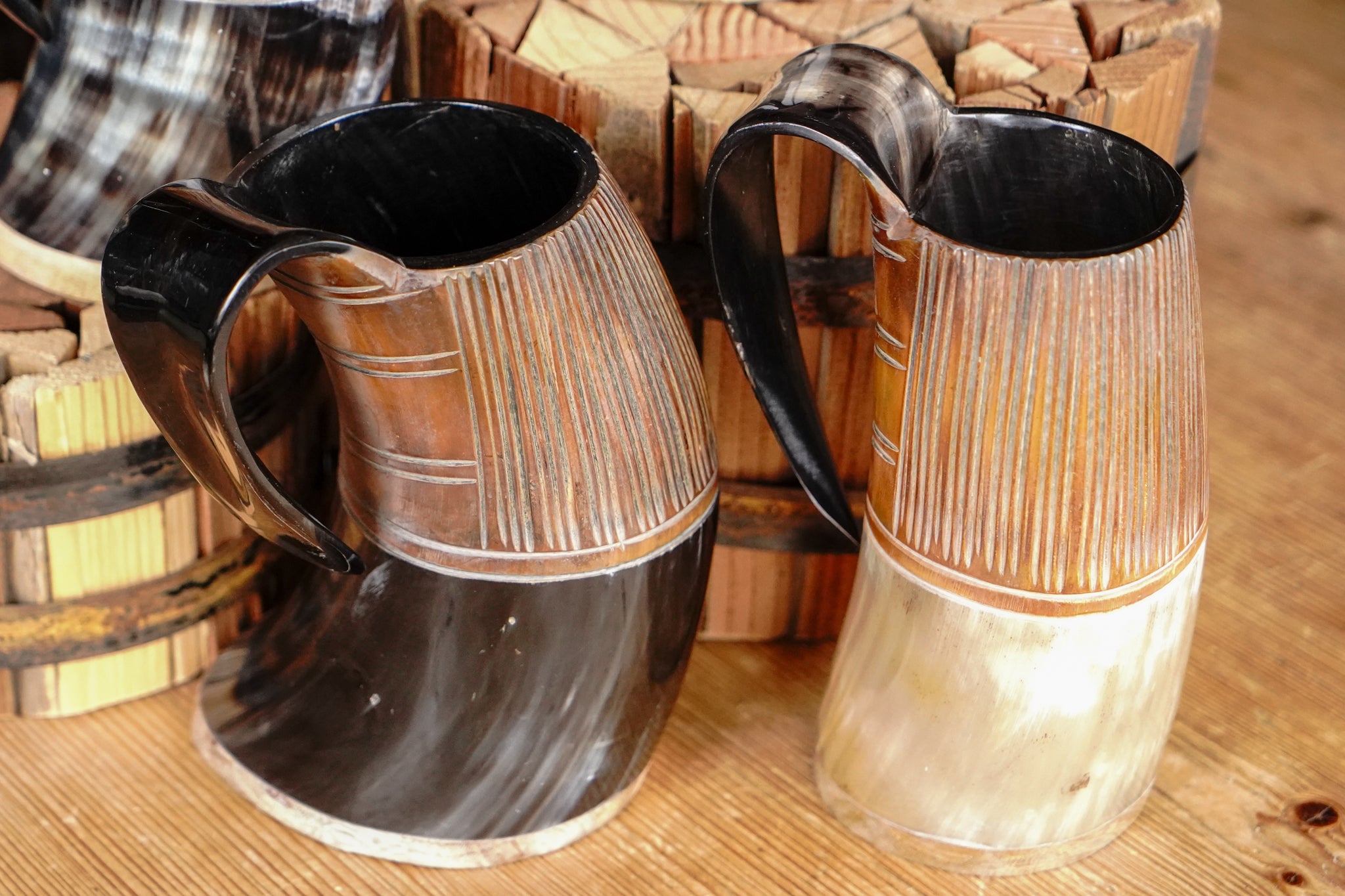 Two-Tone Horn Stein with Carved Motif and Wood Base - Size and Style Varying